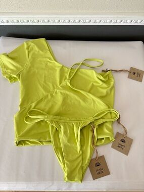 NWT Toast Swim Women's Bikini 3-PIECE Swim Set Neon Yellow One-Shoulder Green